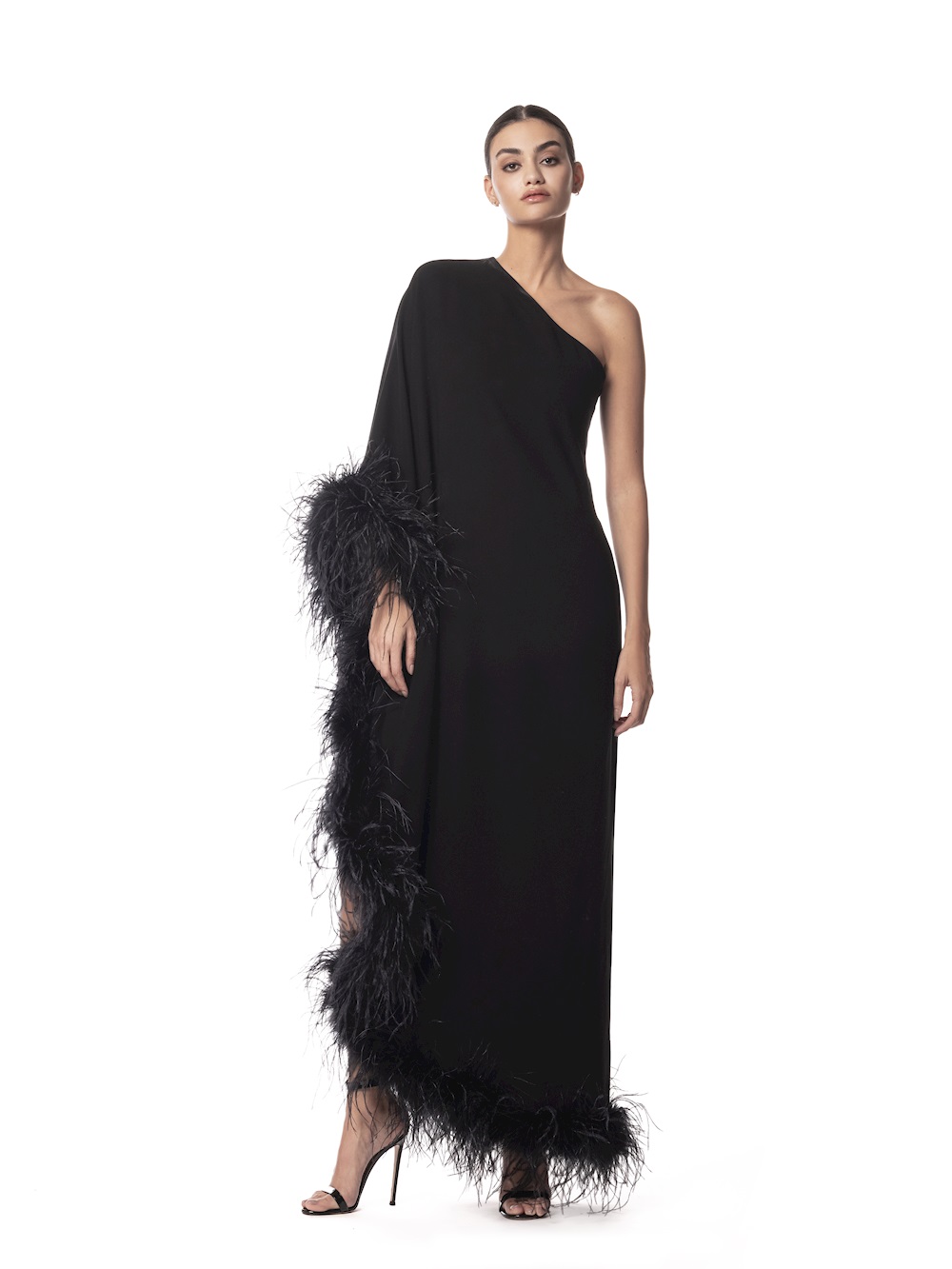 Asymmetrical kaftan dress embellished with feathers in black