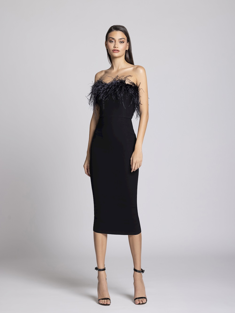 Strapless black dress with feathers - CLO - Online Store